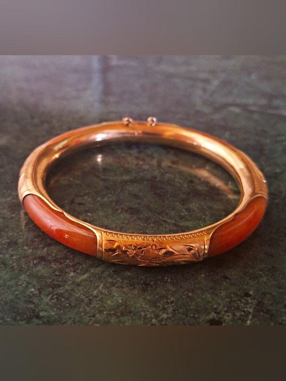 Vintage Orange Jade and Engraved 14k Gold Bangle Bracelet